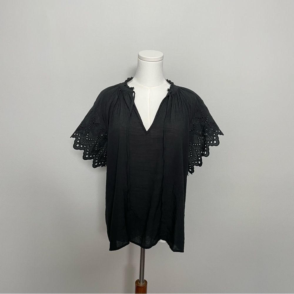 Chelsea & Theodore Top Eyelet Scalloped Sleeves Tie Split Neck Lightweight Black
